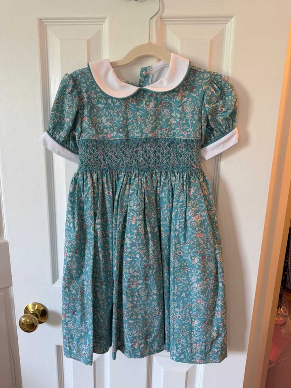 bella bliss Teal Floral Smocked Dress with White Collar